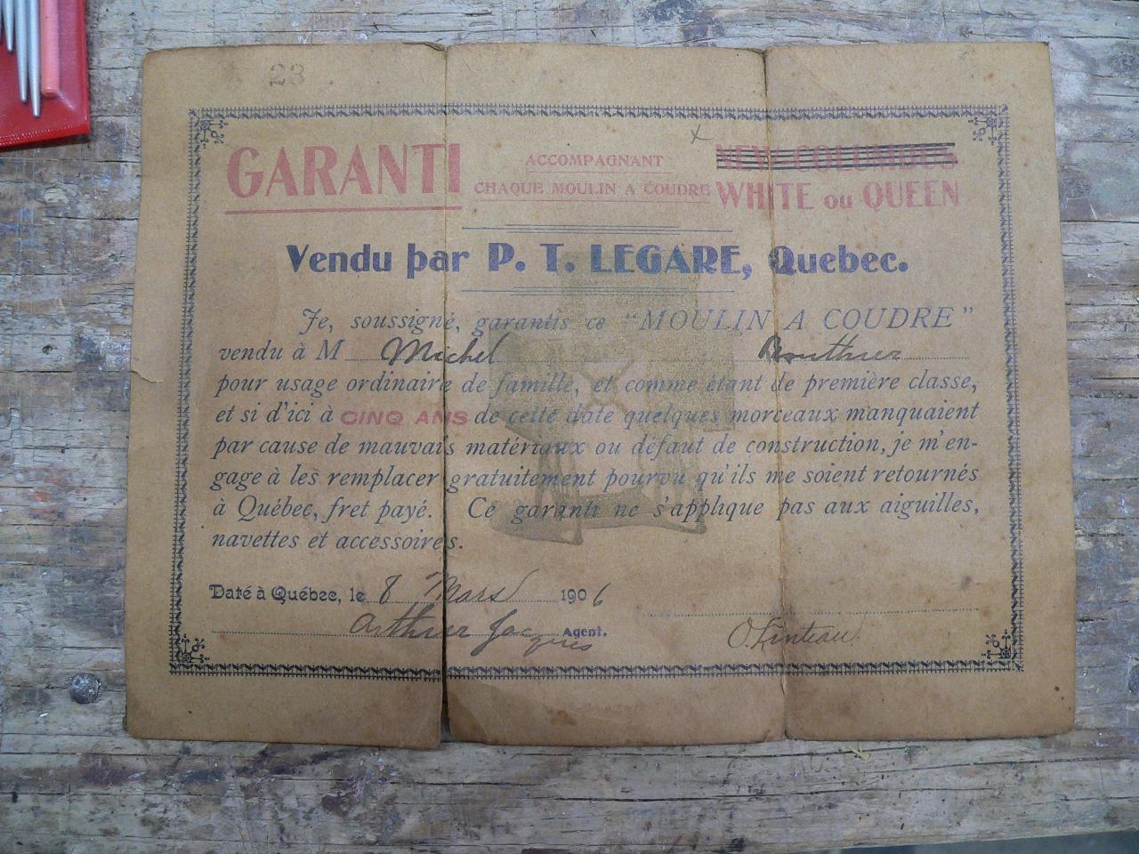 Papier antique de garantie de p.t. légaré